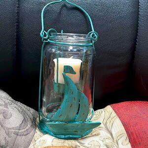 Nautical beach theme jar lantern green sailboat 6”tall w/ votive Candle NWOT
